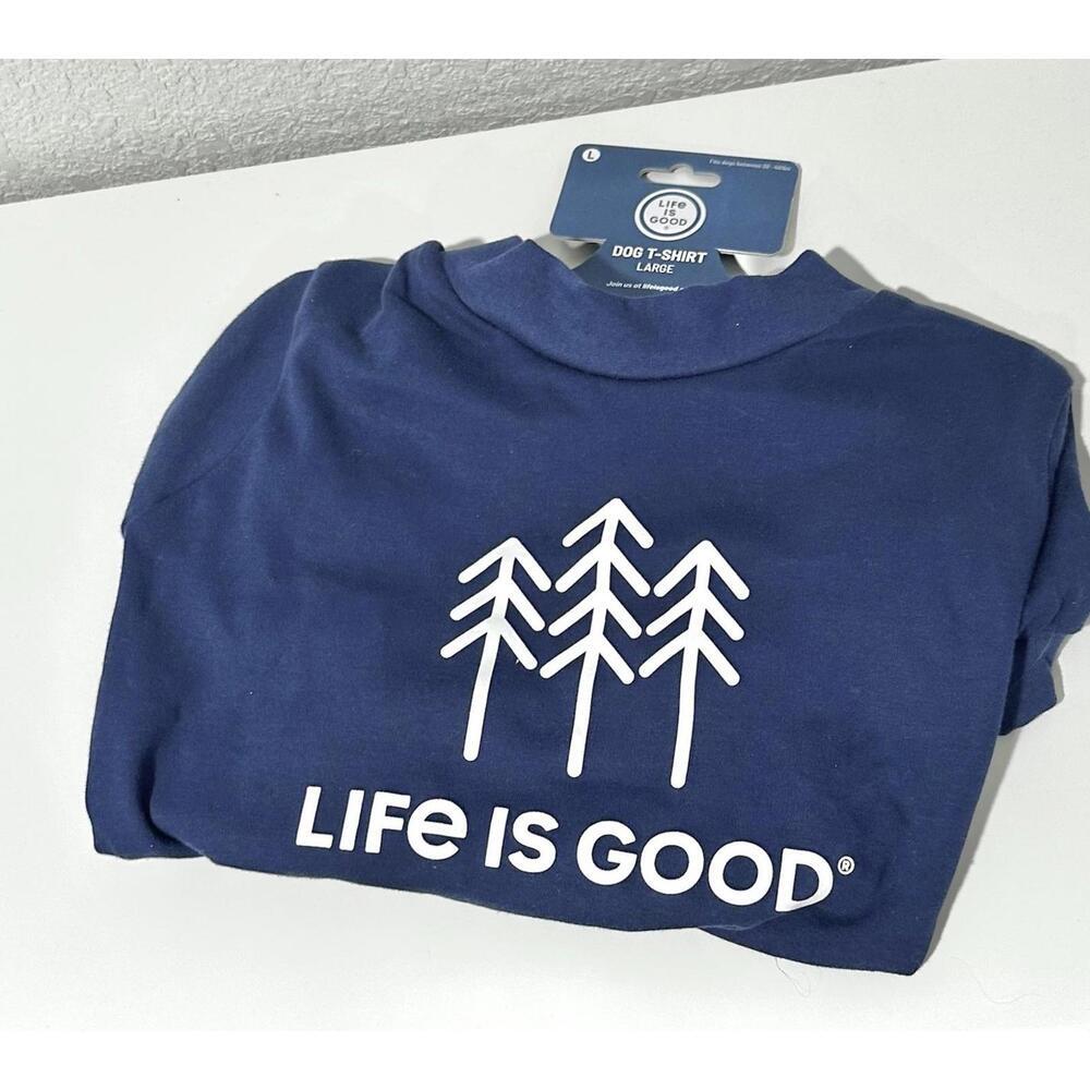 Life is Good Dog Tee T-Shirt Dark Blue with White Trees Size Large